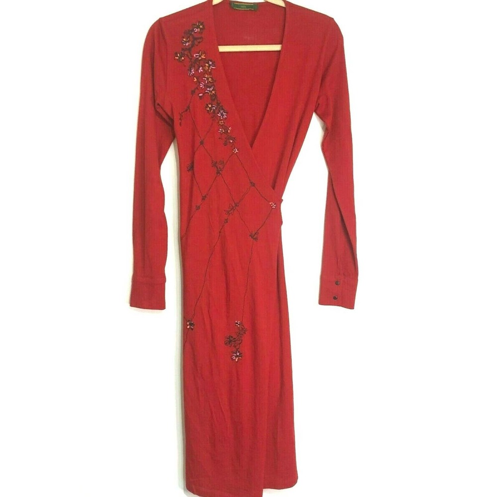 Oilily Maxi Wrap Dress Red Embroidered Long Sleeve
